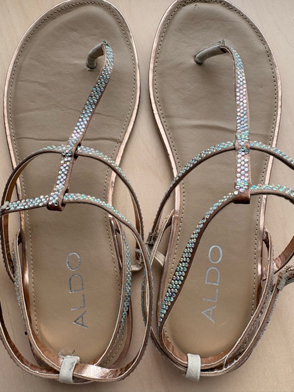 ALDO Rose Gold T-Strap Crystal Sandals
